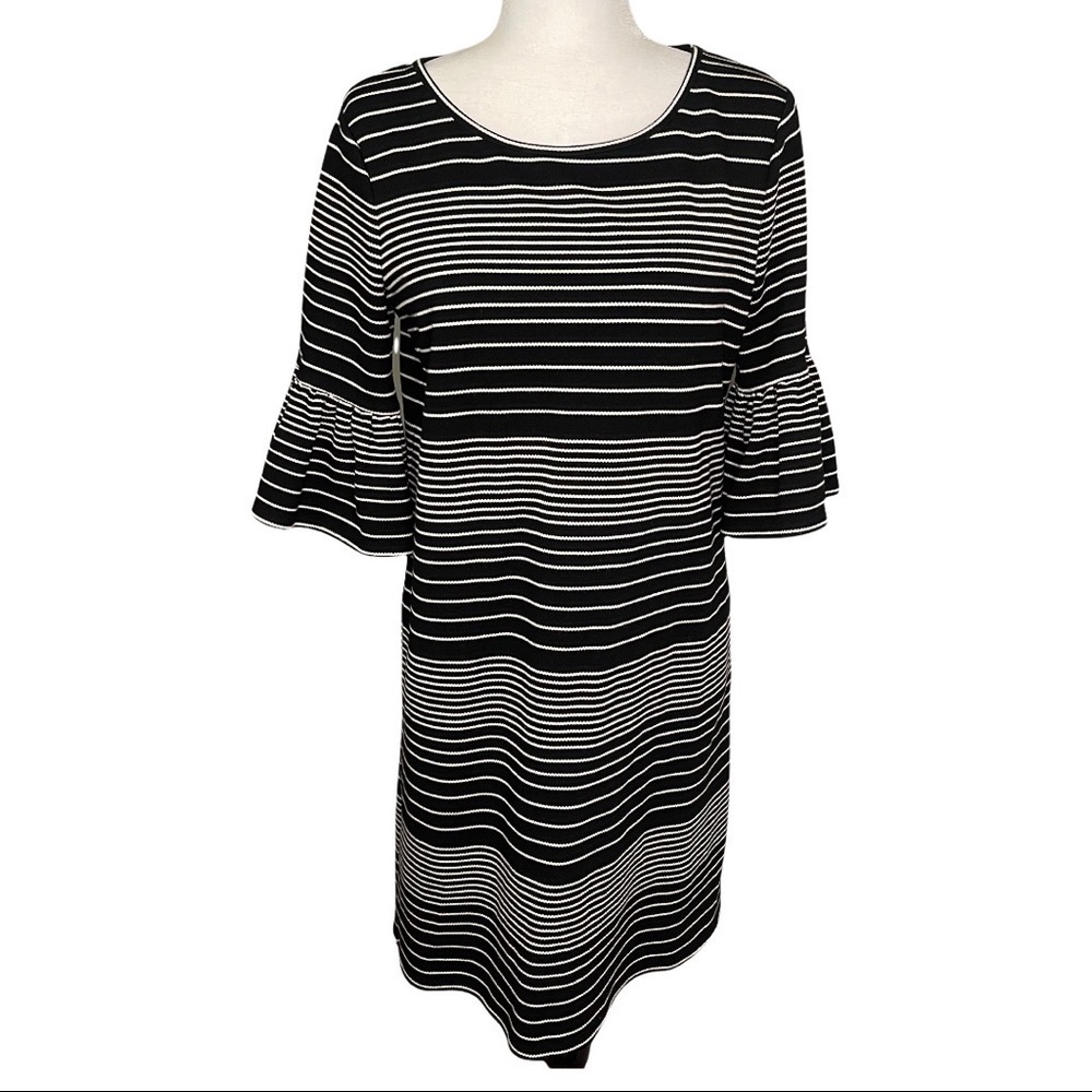 Max Edition Women’s Black Striped Bell Sleeved Pullover MIDI Career Casual Dress